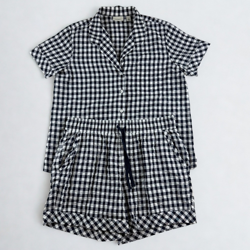 LL Bean Seacoast Seersucker Pajama Set Womens M Navy Blue Gingham Short Set